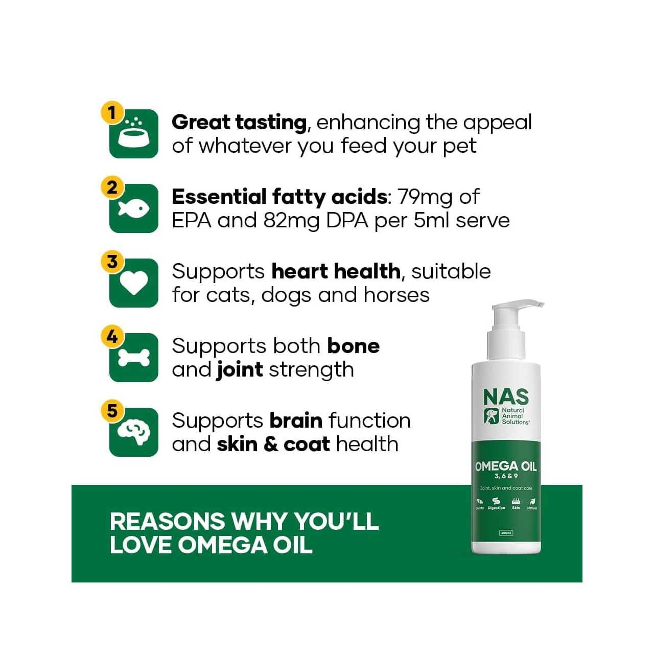 NAS Omega 3 6 & 9 Oil 500ml, supports pet health with EPA and DPA for skin and coat.