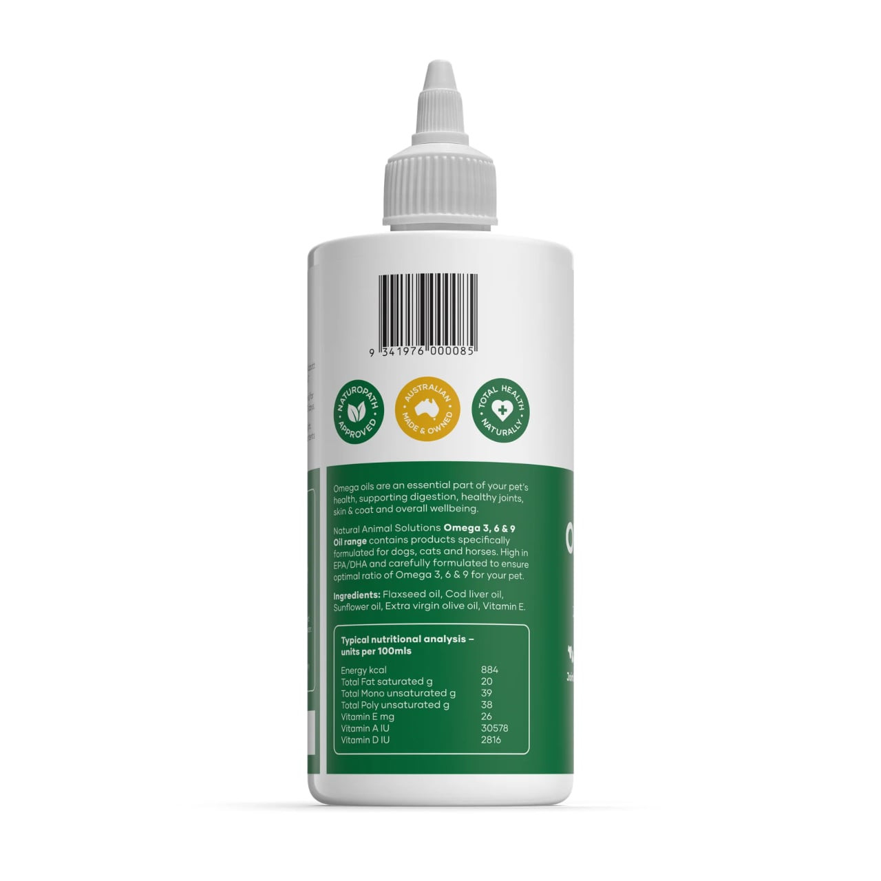 NAS Omega 3 6 & 9 Oil 500ml bottle, promoting pet health with essential fatty acids.