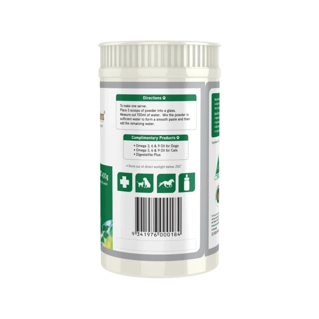 NAS Goat Milk Powder 400g container, featuring animal health benefits and feeding instructions.