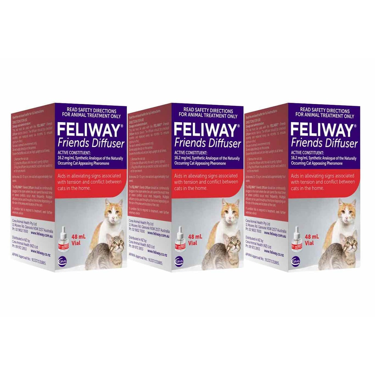 Feliway Friends Diffuser Refill 48mL, three-pack, promotes harmony between cats.