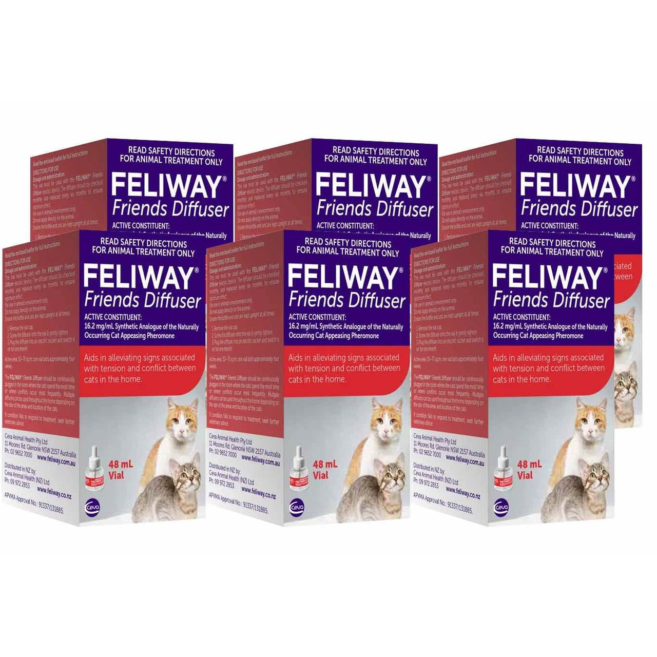 Feliway Friends Diffuser Refill 48mL six-pack for reducing feline tension and promoting harmony.
