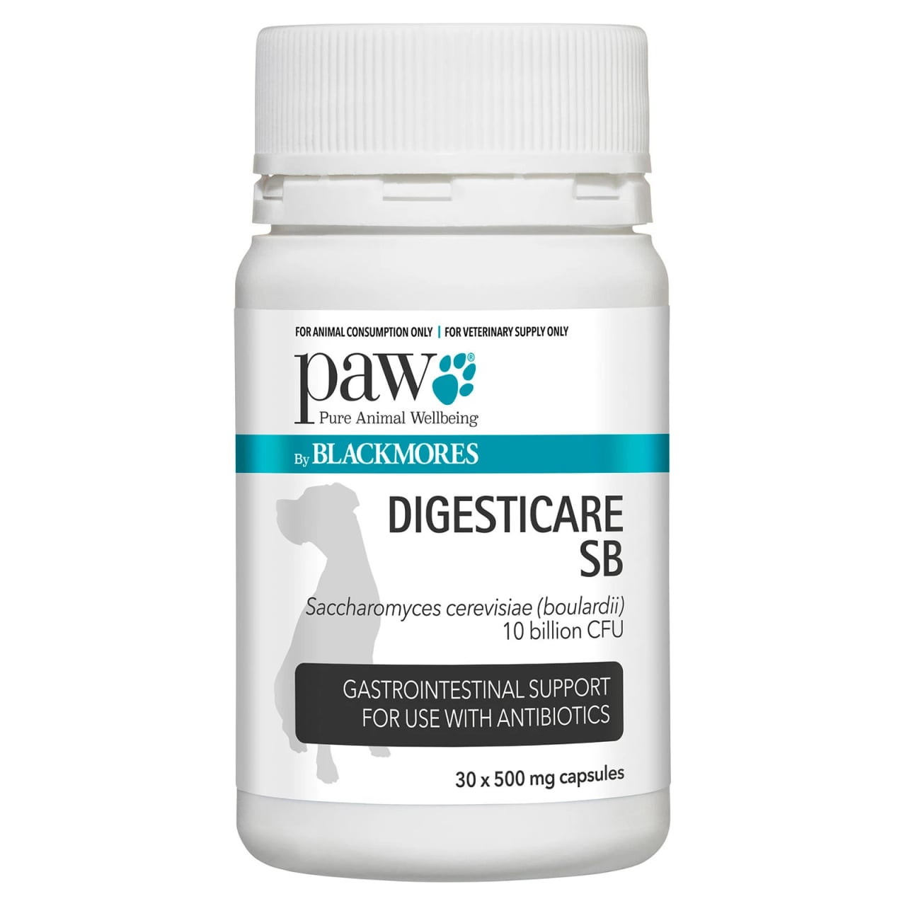 PAW Digesticare SB Gastrointestinal Support for Dogs, 500mg, 30 capsules, vet-approved formula.