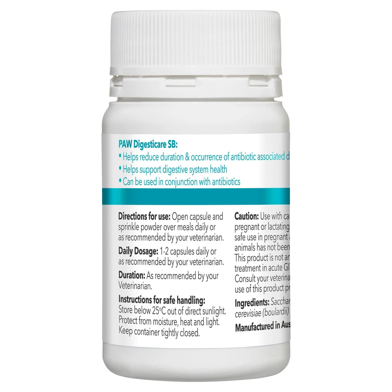 PAW Digesticare SB capsules for dogs, 500mg, support gastrointestinal health in dogs.