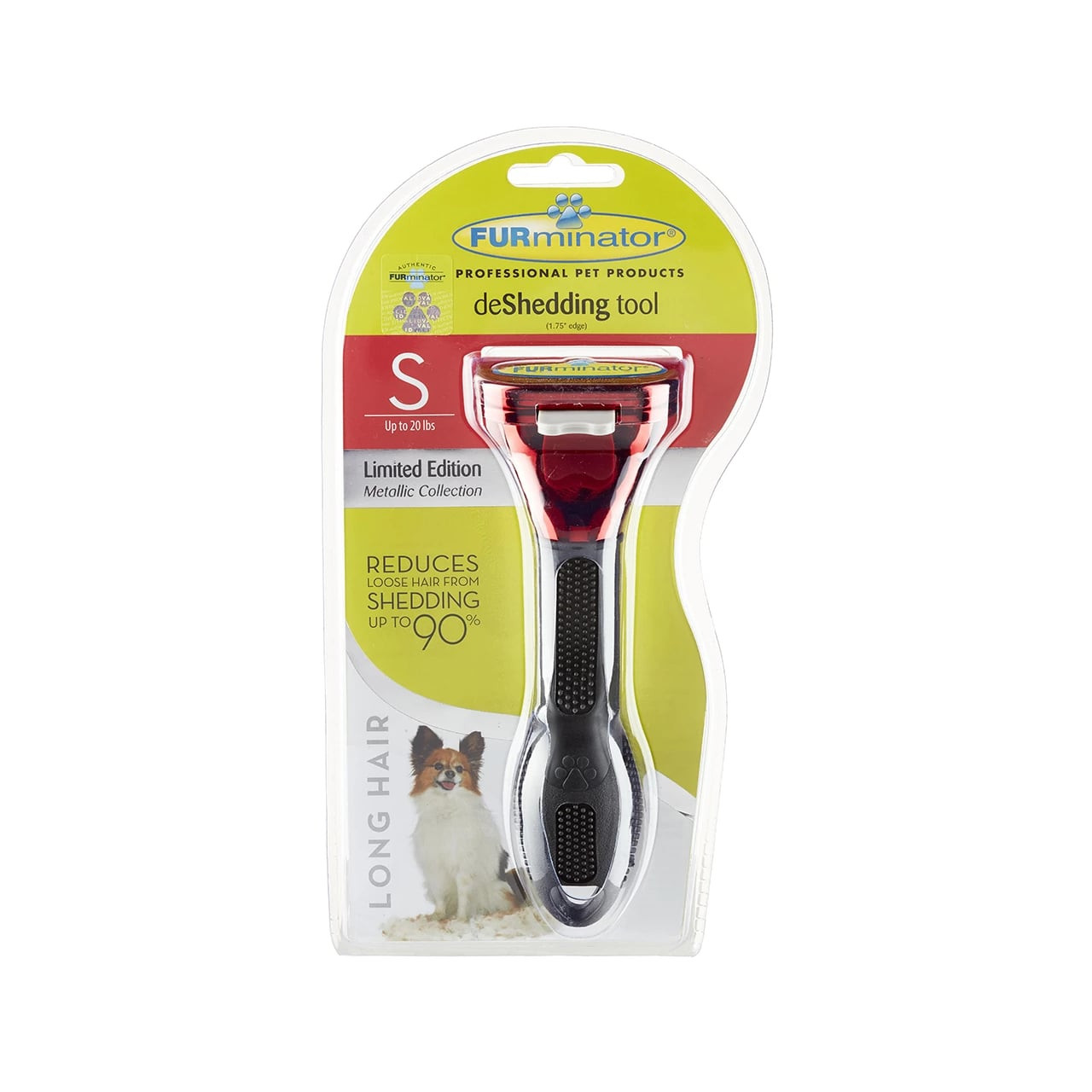 FURminator Metallic deShedding tool for small long-haired dogs reduces shedding up to 90%.