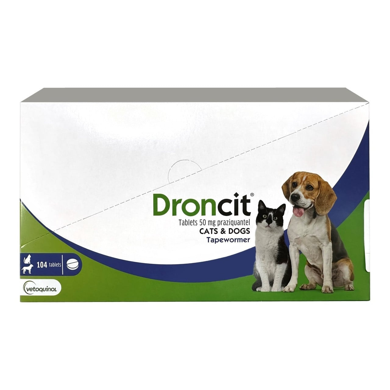 Droncit Tapewormer for Dogs and Cats, 104 tablets, features a dog and cat on packaging.