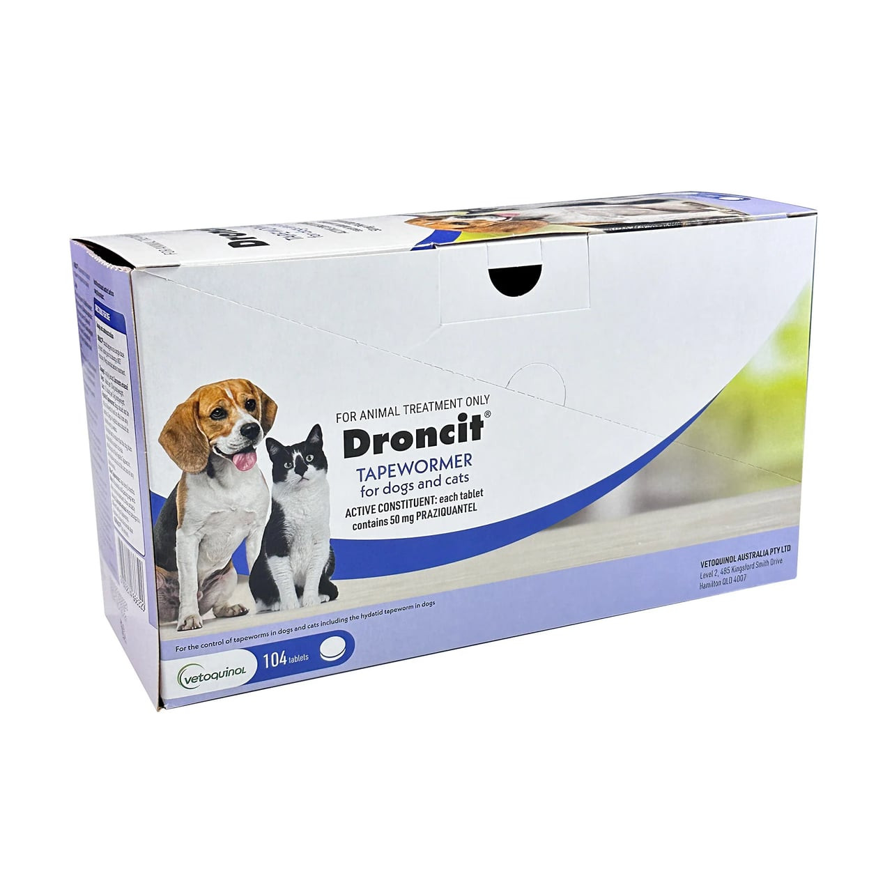 Droncit Tapewormer for Dogs and Cats, 104 tablets, featuring a beagle and cat on the packaging.