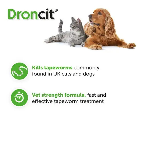 Droncit Tapewormer for Dogs and Cats, 104 tablets, effective treatment for tapeworms.