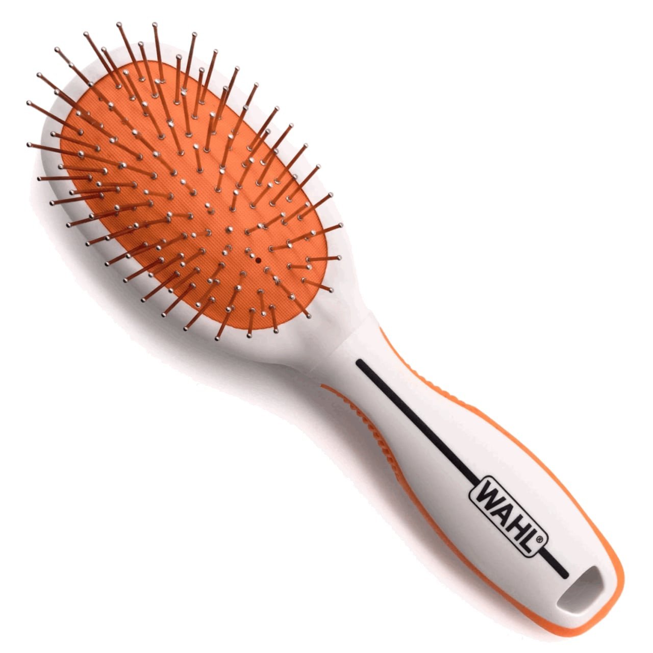 Wahl double-sided pin and bristle brush for cats and dogs, small, with orange rubber grip.