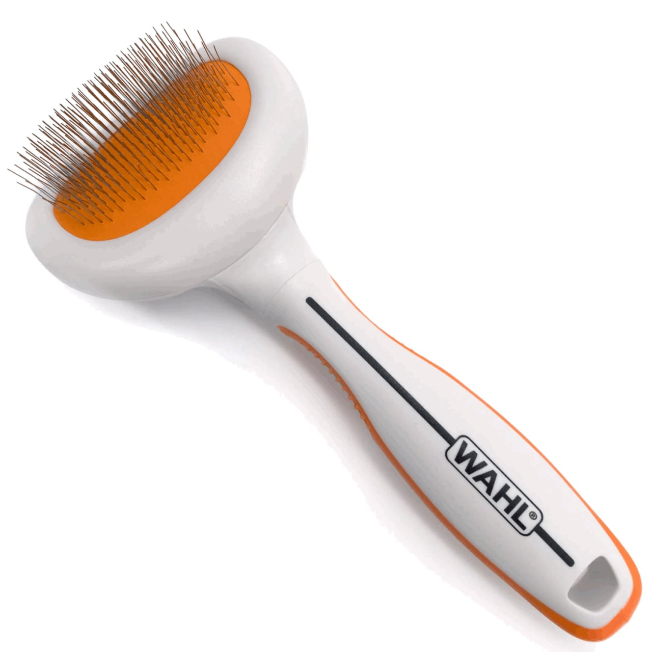 Wahl Metal Slicker Brush for Cats & Dogs in small size with an orange grip.