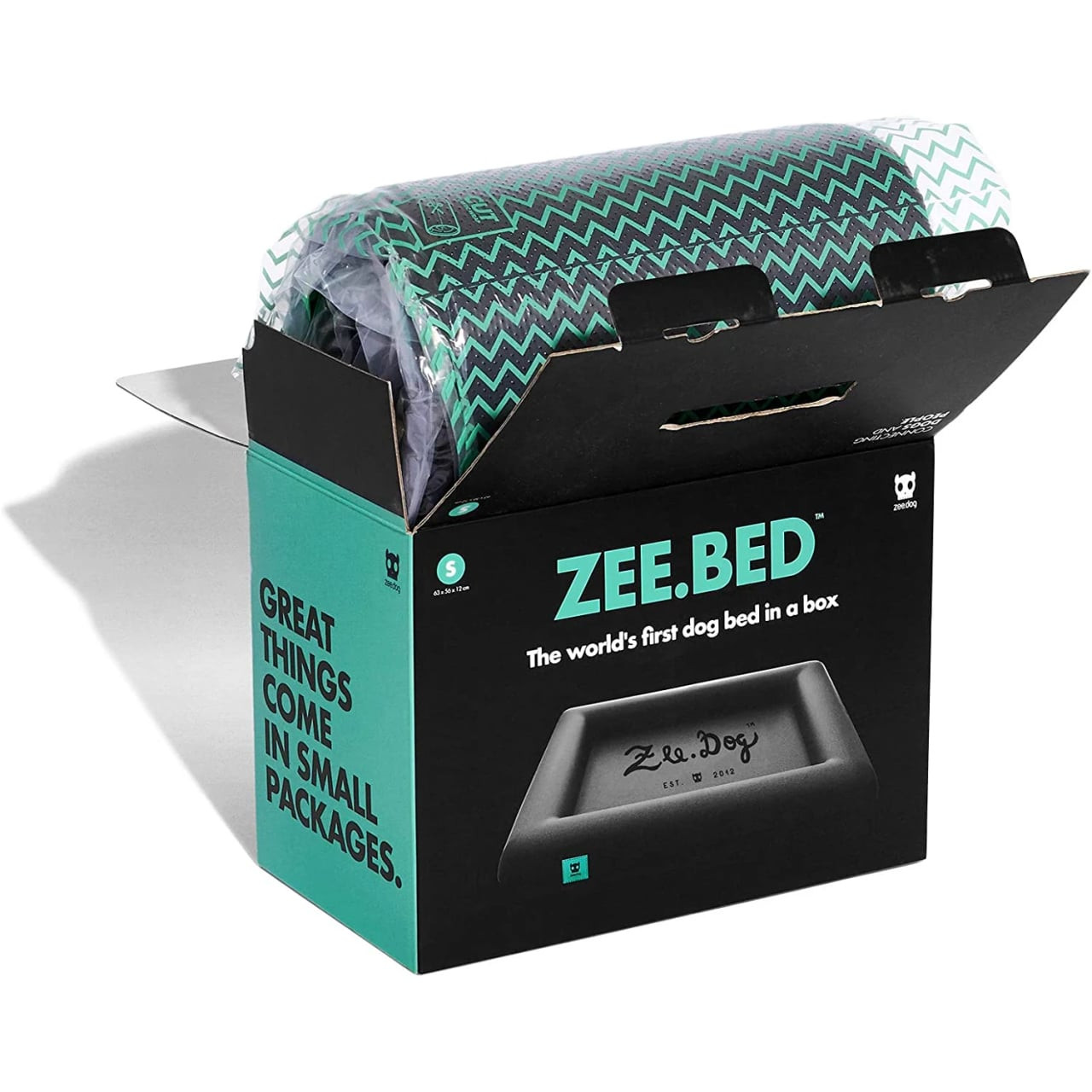 Zee.Dog Memory Foam Orthopaedic Dog Bed in boxed packaging, featuring a stylish green design.