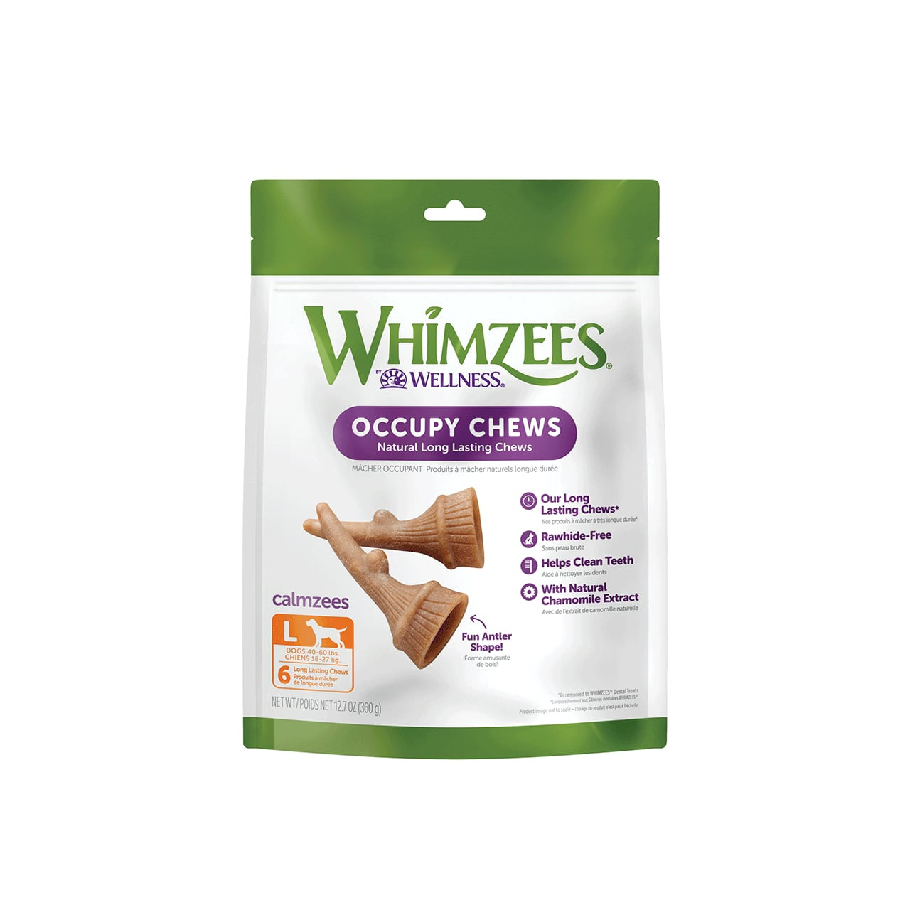 Whimzees Occupy Antler Large Dog Treats 6 pack for natural, long-lasting chews and dental health.