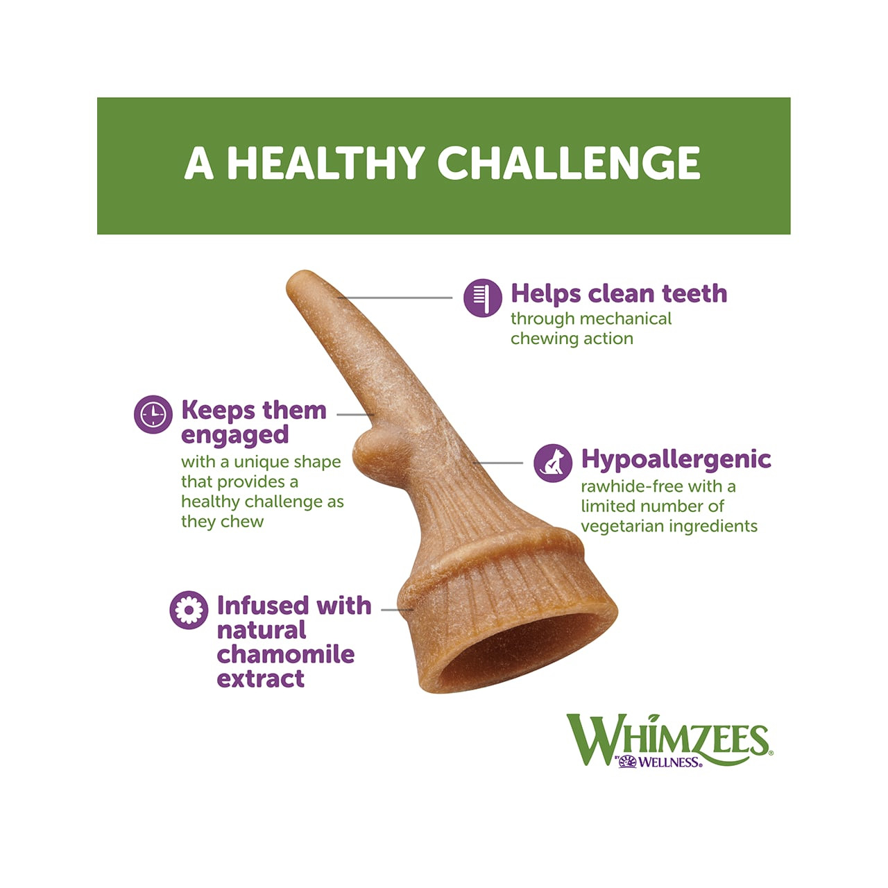 Whimzees Occupy Antler Large Dog Treats, 6-pack, unique shape, chamomile extract infused, promotes dental health.