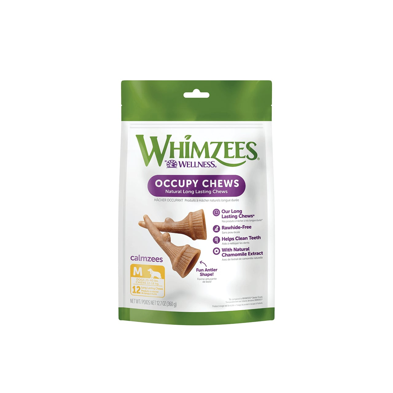 Whimzees Occupy Antler Medium Dog Treats, 12-pack, natural long-lasting chews for dental health.