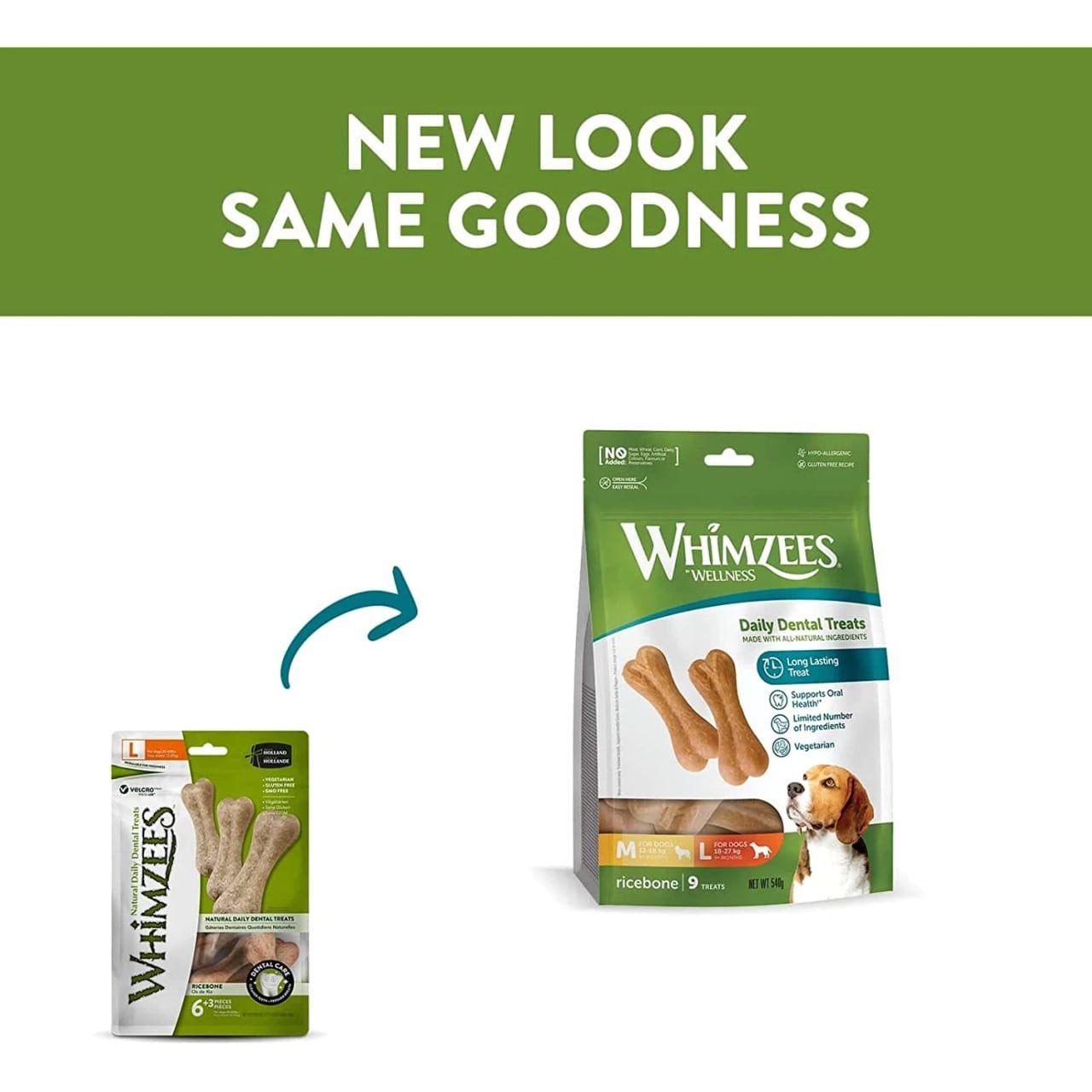 Whimzees Ricebone Medium-Large Dental Dog Treats 9 Pack with updated packaging design.