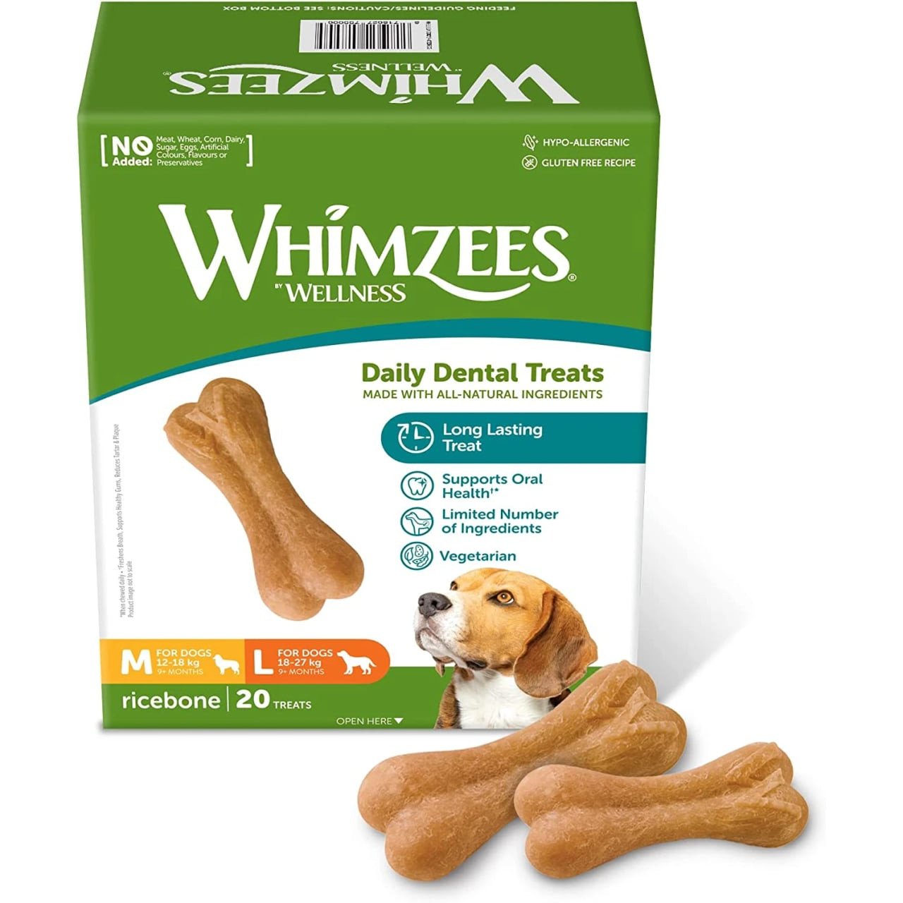 Whimzees Ricebone Medium-Large Dental Dog Treats 20 pack, supporting dog dental health with natural ingredients.