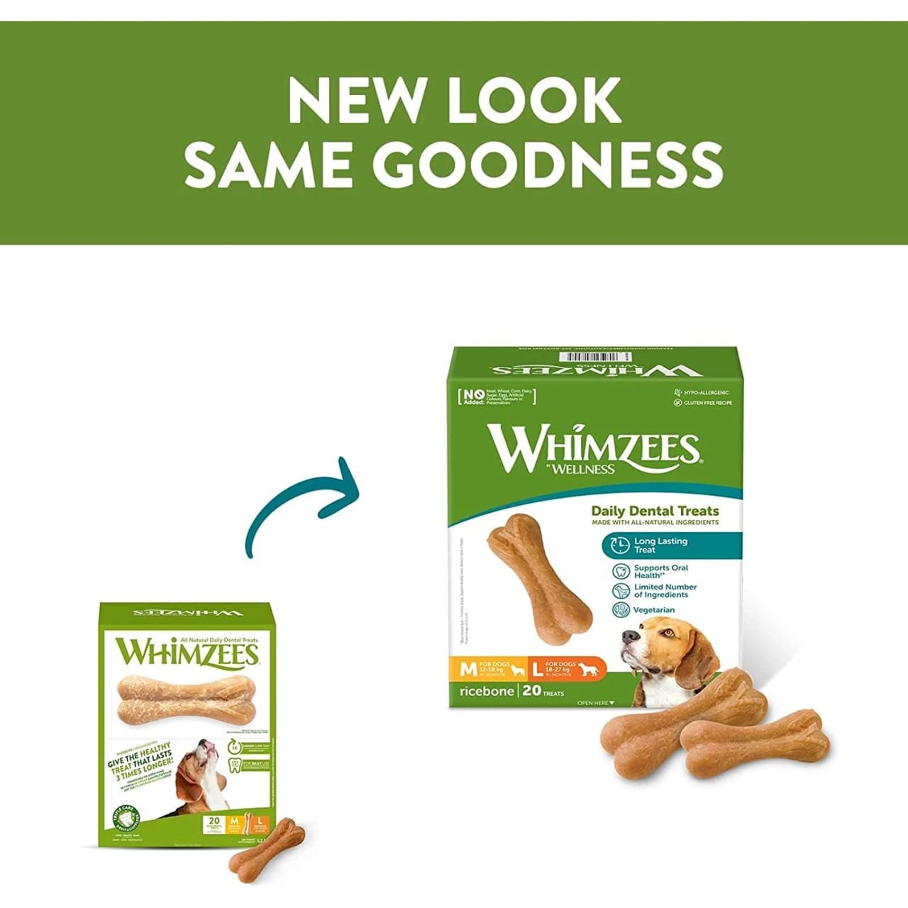 Whimzees Ricebone Medium-Large Dental Dog Treats, 20 pack with new packaging design.