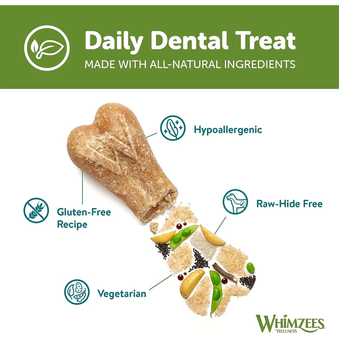 Whimzees Ricebone Medium-Large Dental Dog Treats, all-natural, gluten-free, hypoallergenic for pet health.