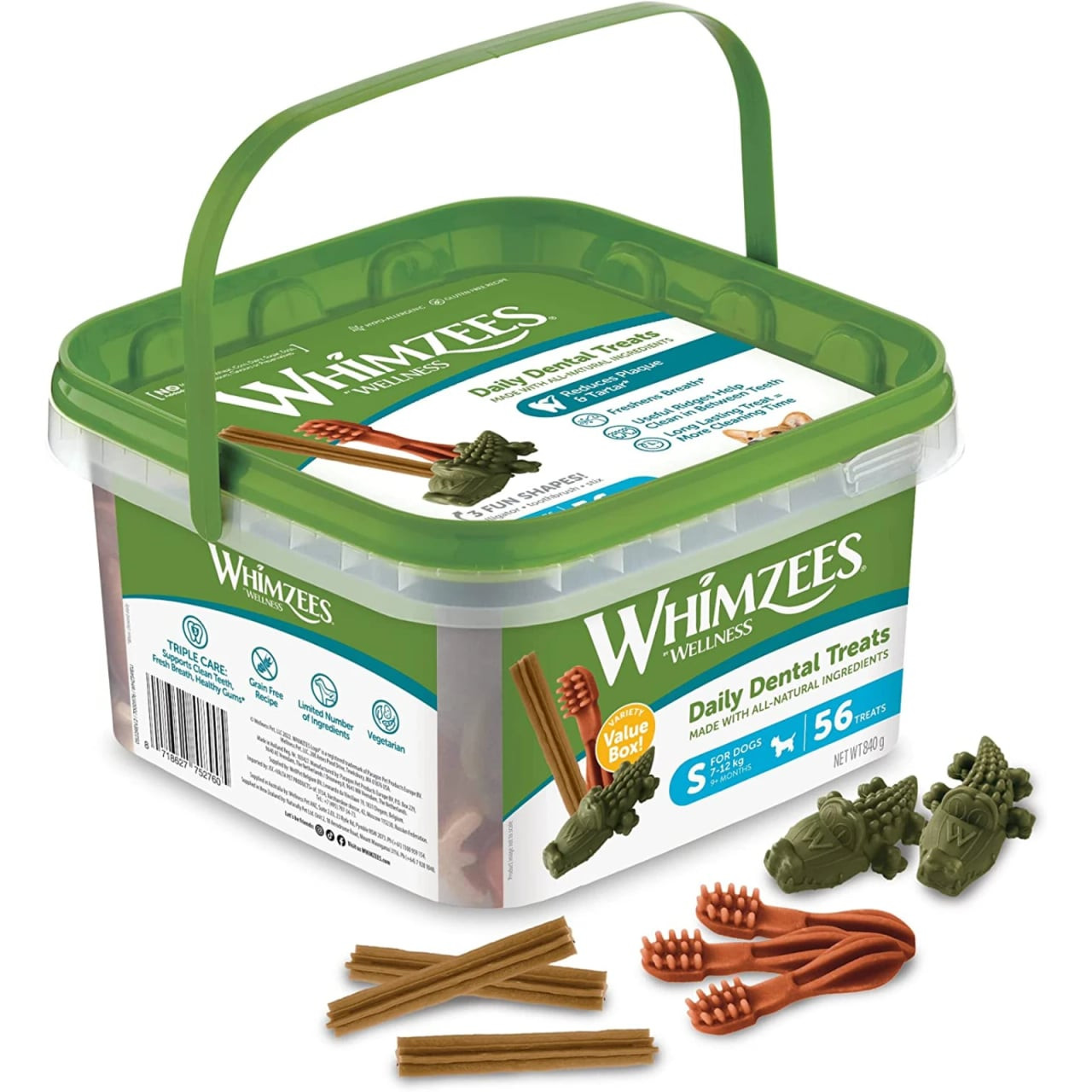 Whimzees Small Dog Dental Treats Variety Value Box, 56-pack with assorted shapes and colors.