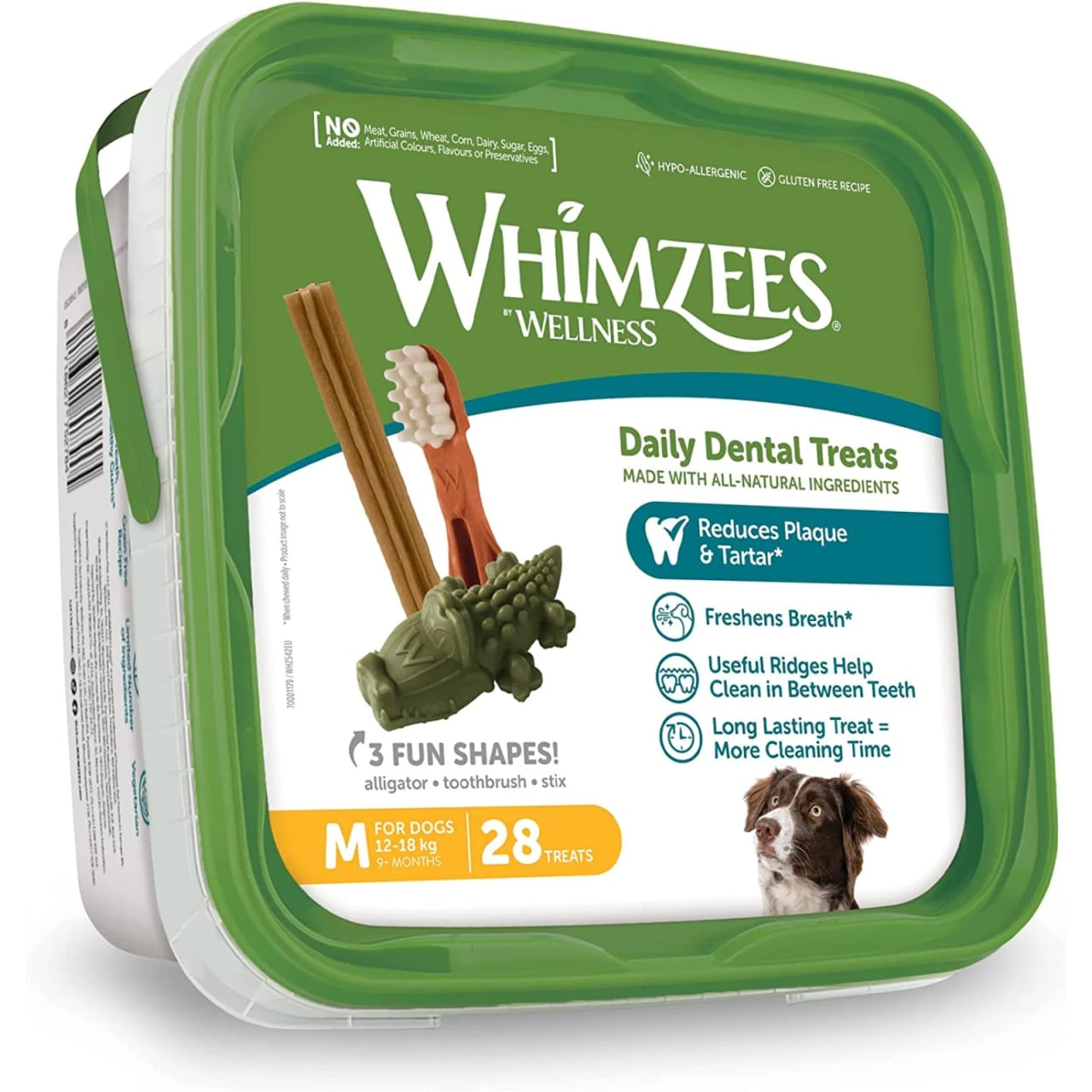 Whimzees Medium Dog Dental Treats Variety Box with 28 all-natural treats for dental health.