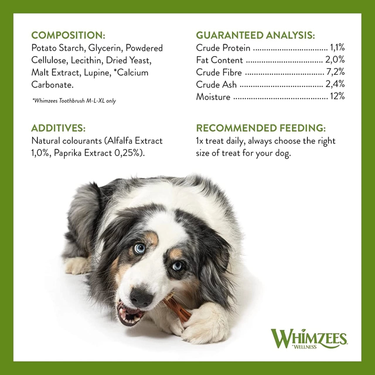 Whimzees Medium Dog Dental Treats Variety Box with nutritional details and a dog chewing a treat.