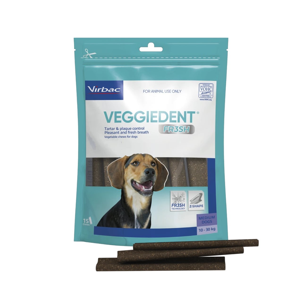 VeggieDent FR3SH Medium Dog Dental Treats, 15 pack, for tartar control and fresh breath.