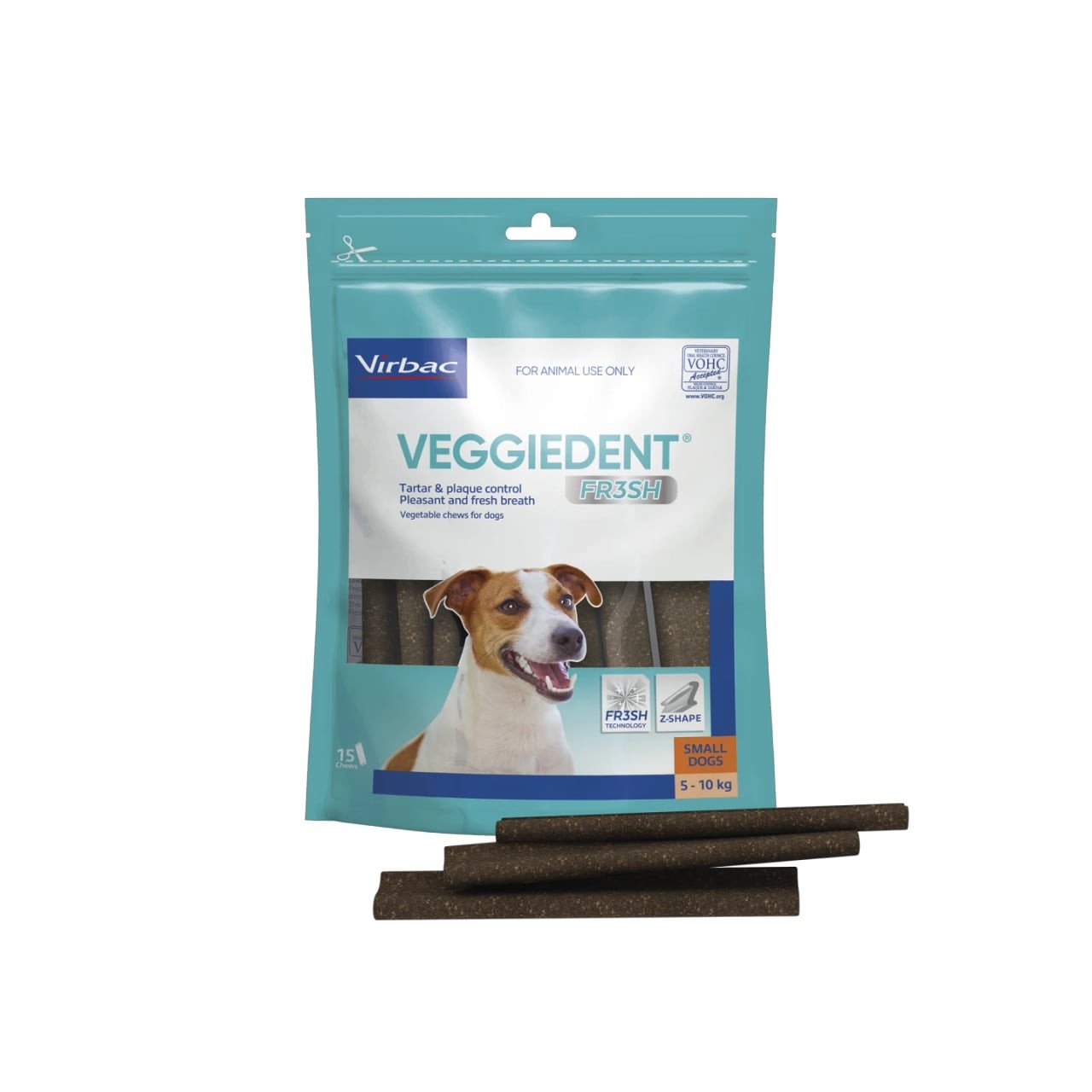 VeggieDent FR3SH Small Dog Dental Treats 15 Pack, tasty tartar control for dogs 5-10 kg.