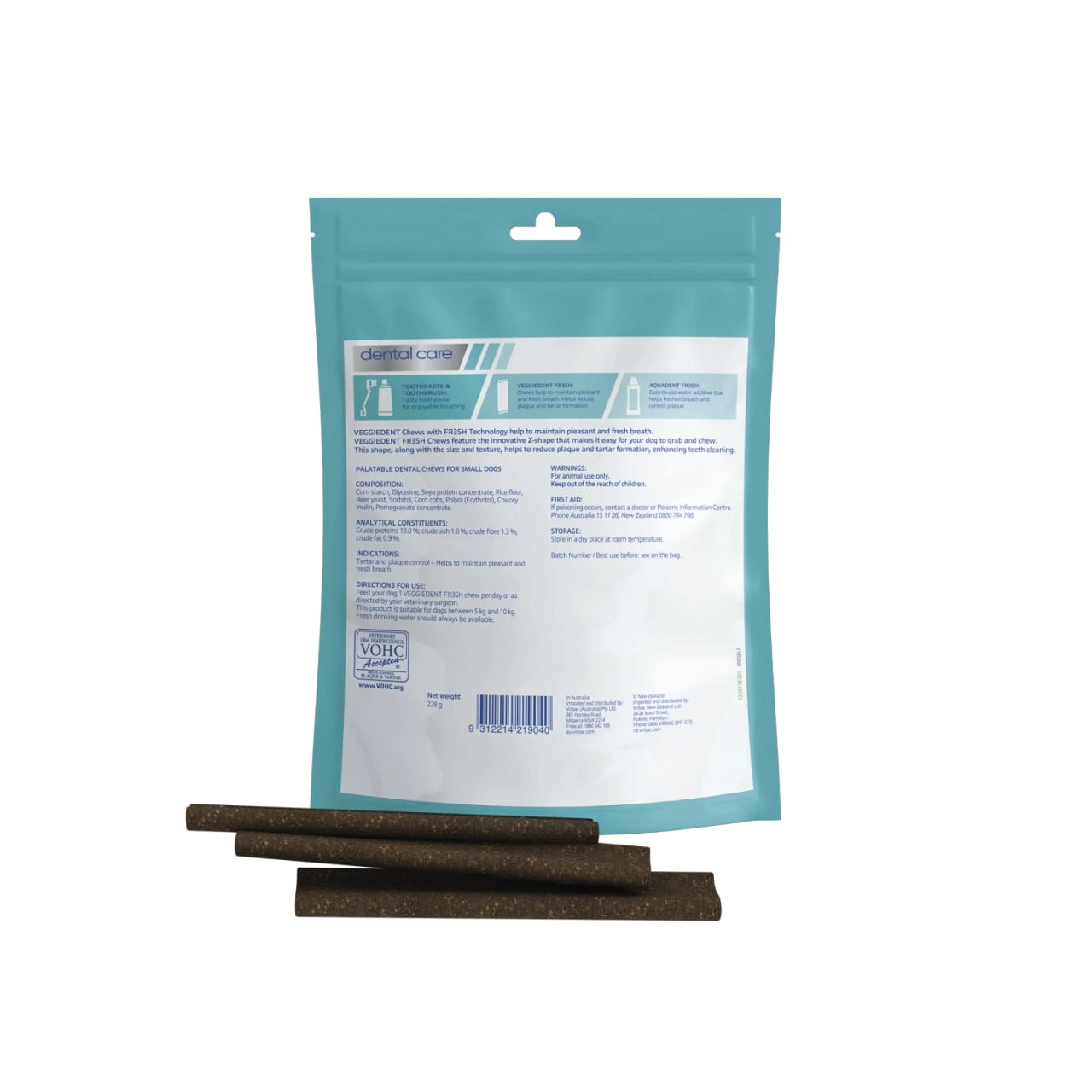 VeggieDent FR3SH Small Dog Dental Treats pack featuring green packaging and dental care information.