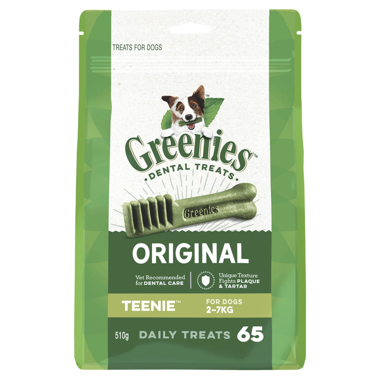 Greenies Original Teenie Dog Treats in a 510g bag for dental care.
