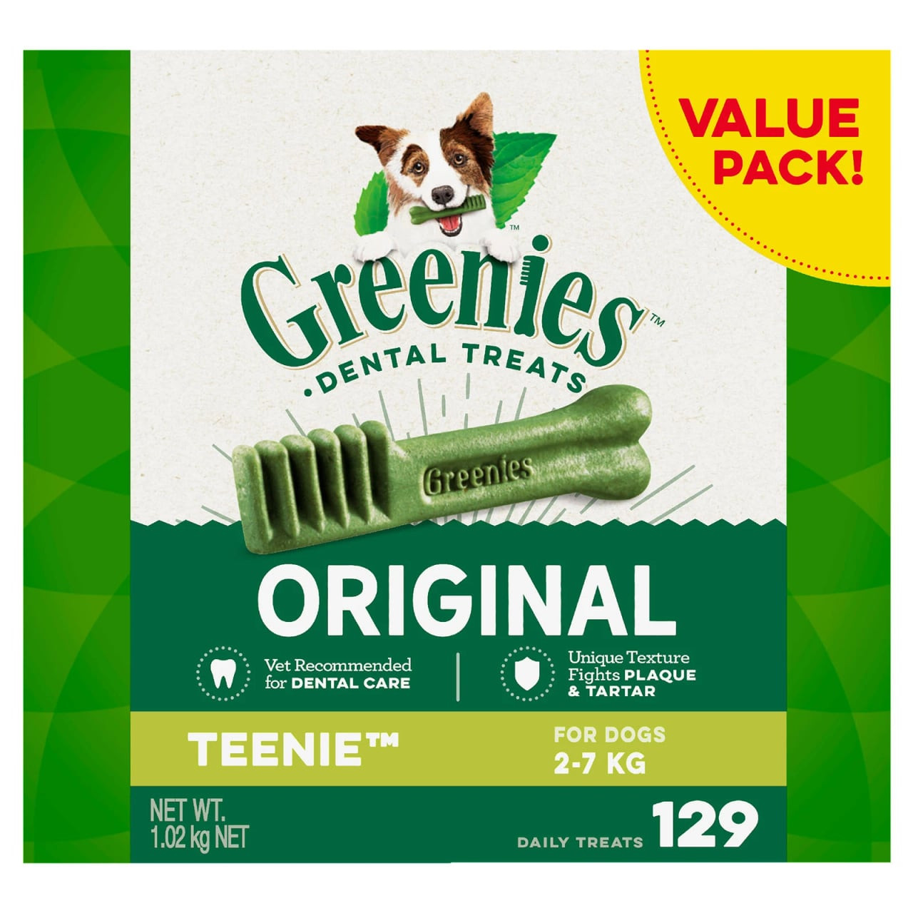 Greenies Original Teenie Dog Treats, 1kg value pack for dental care and plaque control.