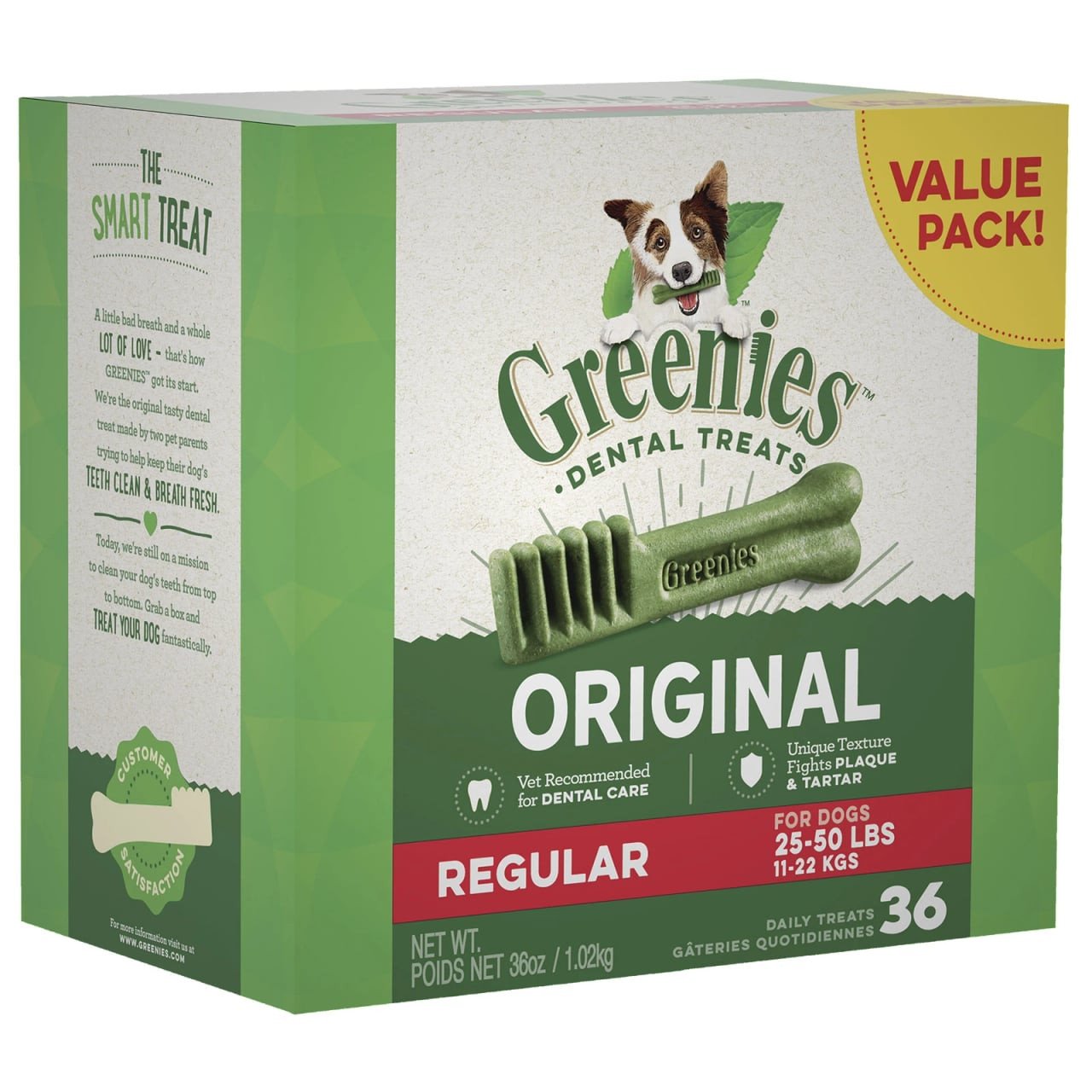 Greenies Original Regular Dog Treats (1kg) packaging featuring dental chews for dogs 25-50 lbs.