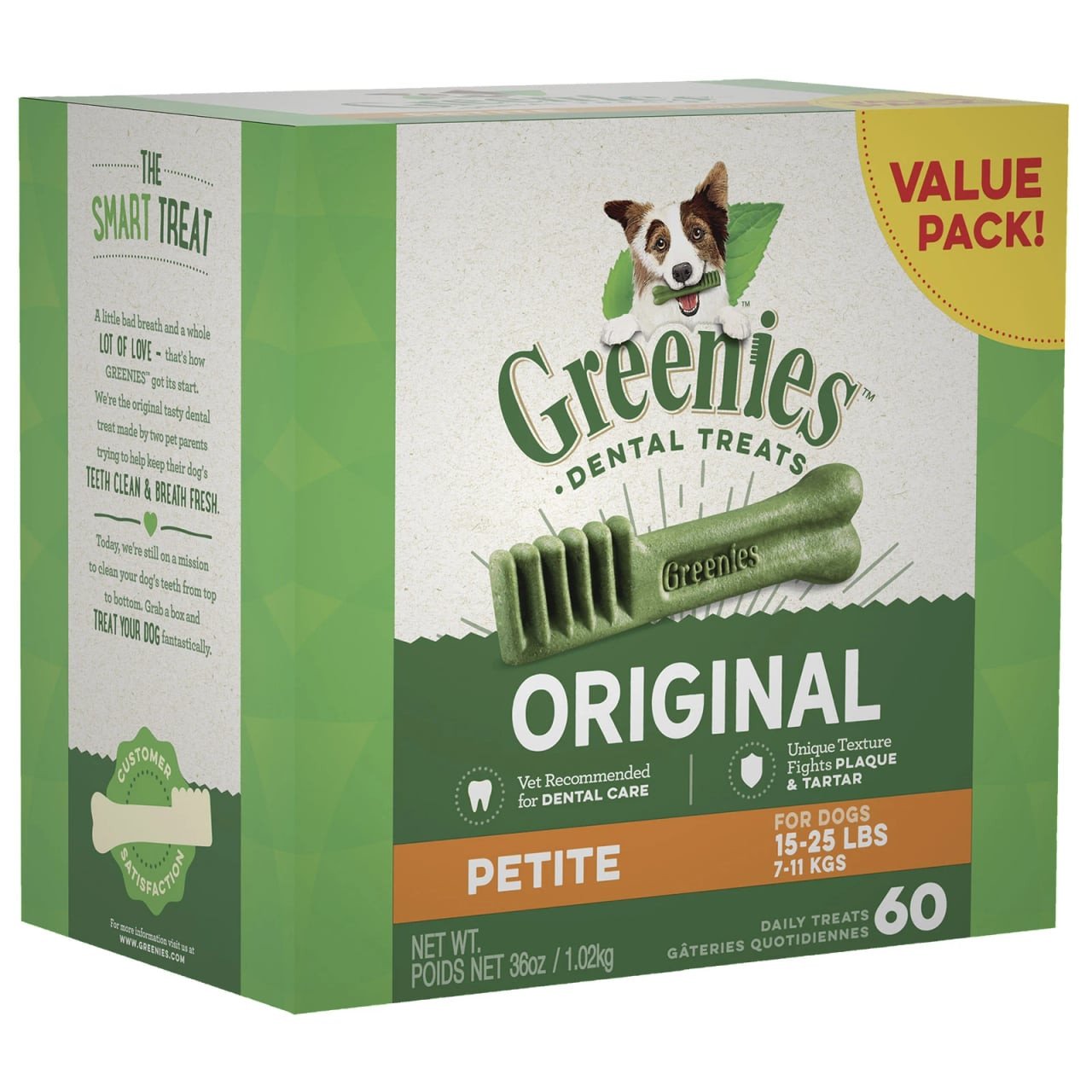 Greenies Original Petite Dog Treat value pack, designed for dental care in small dogs.