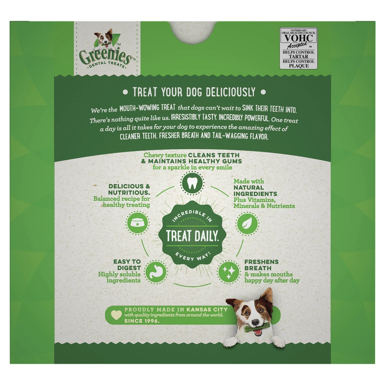 Greenies Original Petite Dog Treat (1kg) packaging showcasing health benefits and tasty flavor.