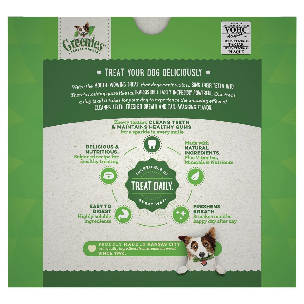 Greenies Original Large Dog Treat in 1kg packaging, promoting dental health and fresh breath.