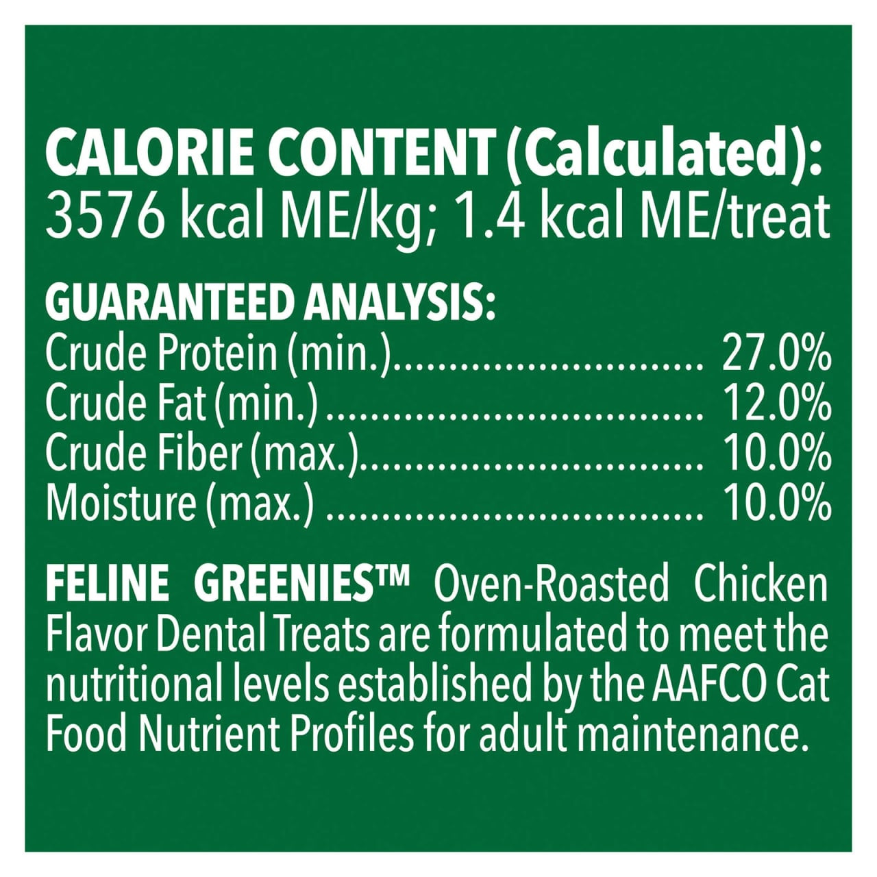 Greenies Roast Chicken Cat Treat bag showing nutritional analysis and guaranteed ingredients for pet health.