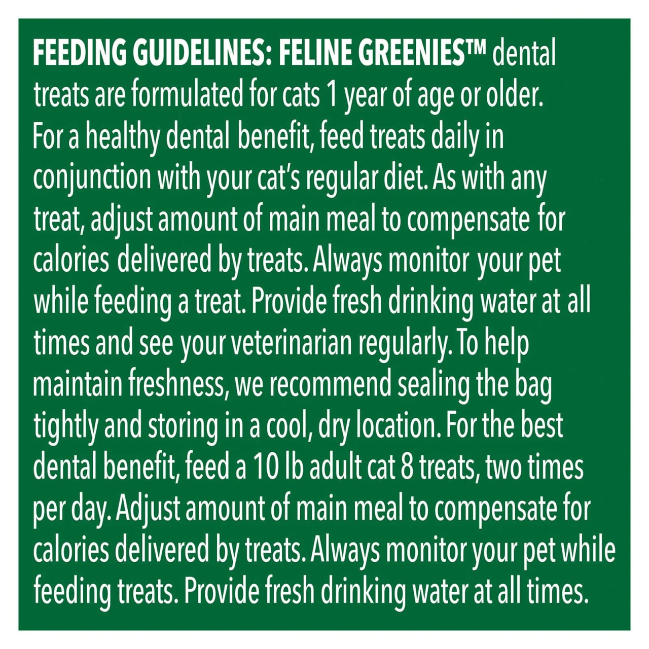 Greenies Salmon Cat Treats, 60g packaging with feeding guidelines for dental health.