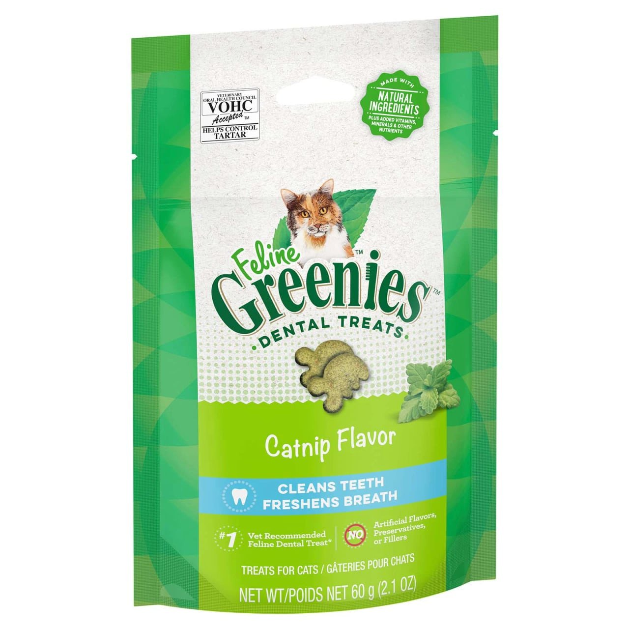 Feline Greenies Catnip Cat Treats in 60g pack, promotes dental health and freshens breath.