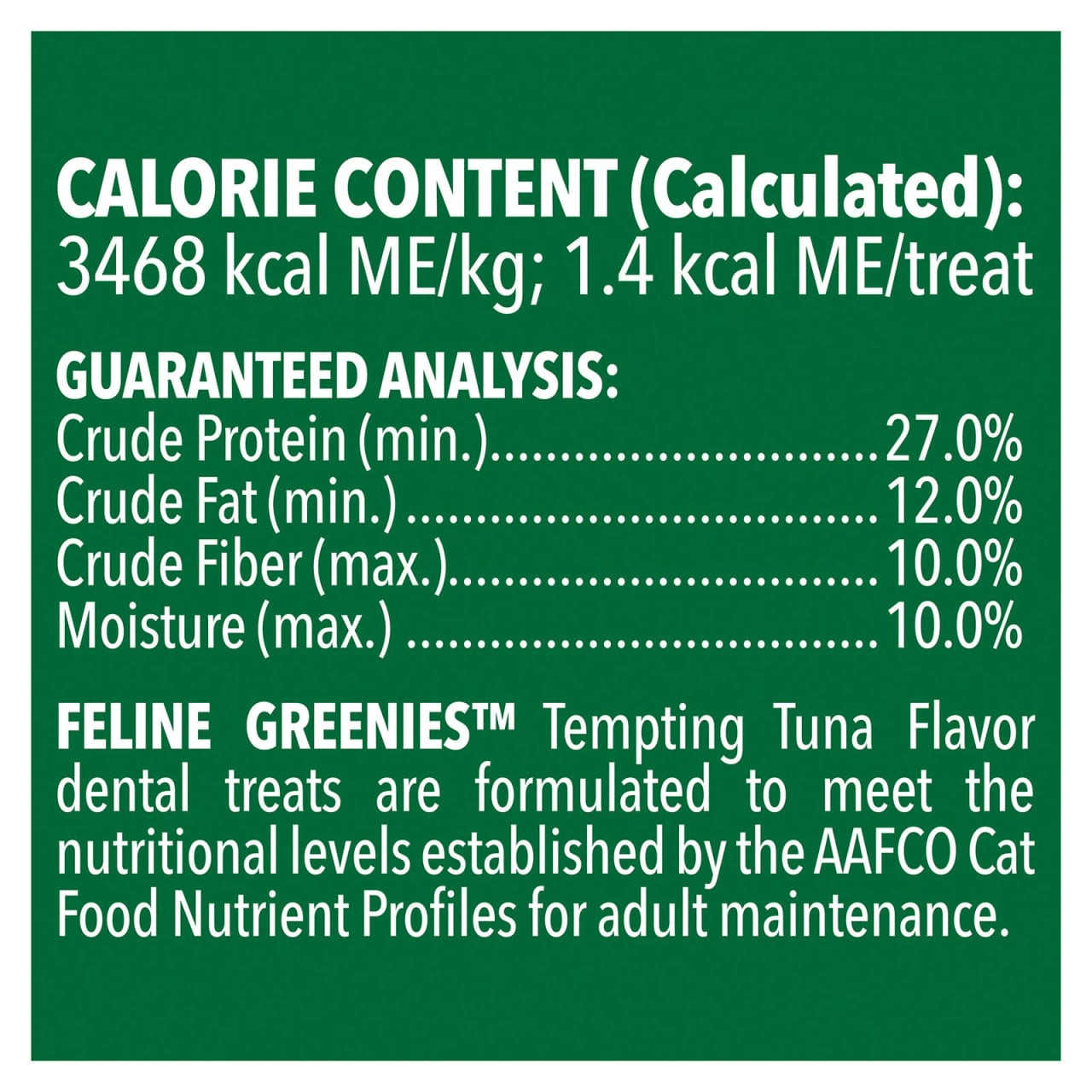 Greenies Tuna Cat Treat packaging featuring nutritional information and guaranteed analysis for cats.