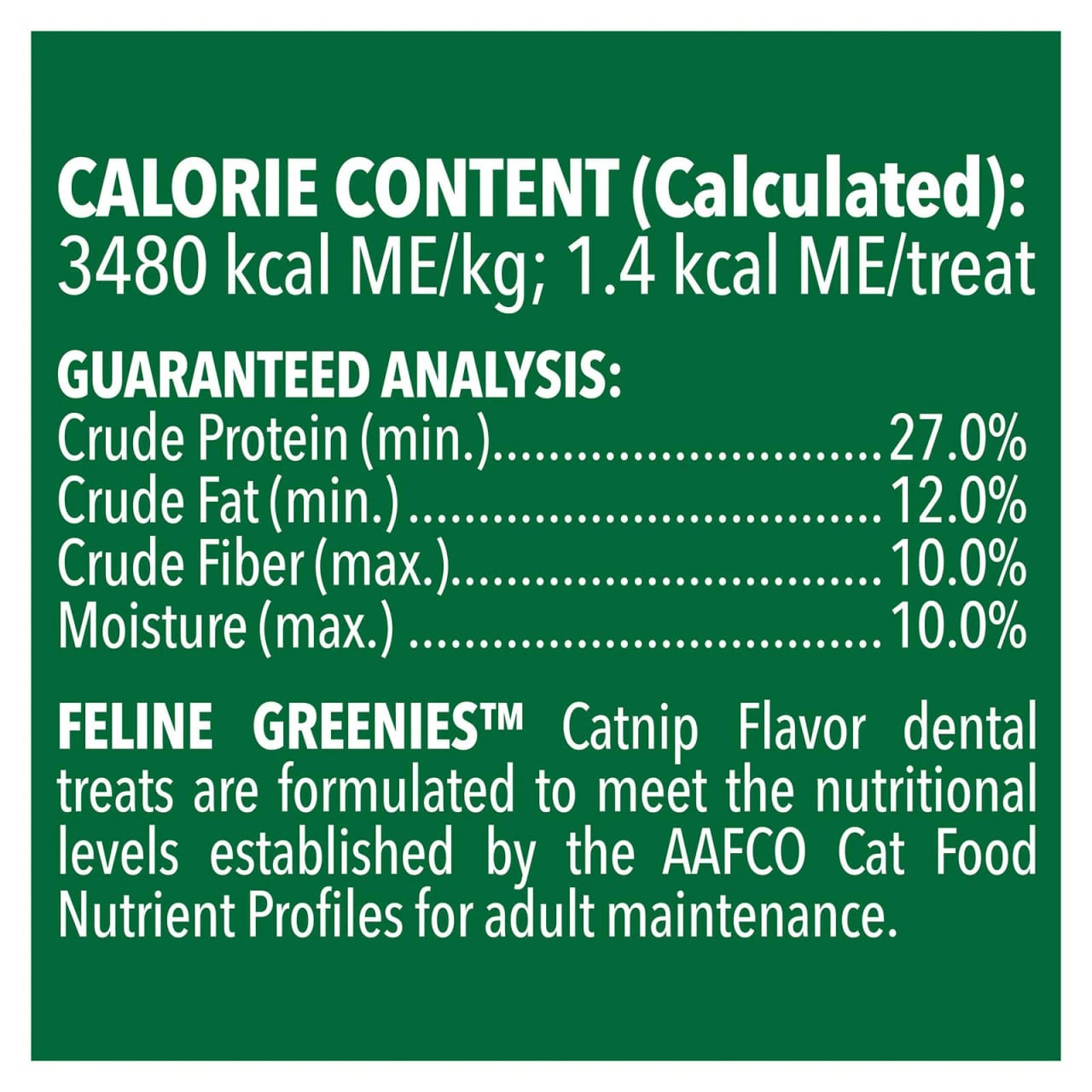 Greenies Catnip Cat Treat packaging with guaranteed analysis and nutritional details for cats.