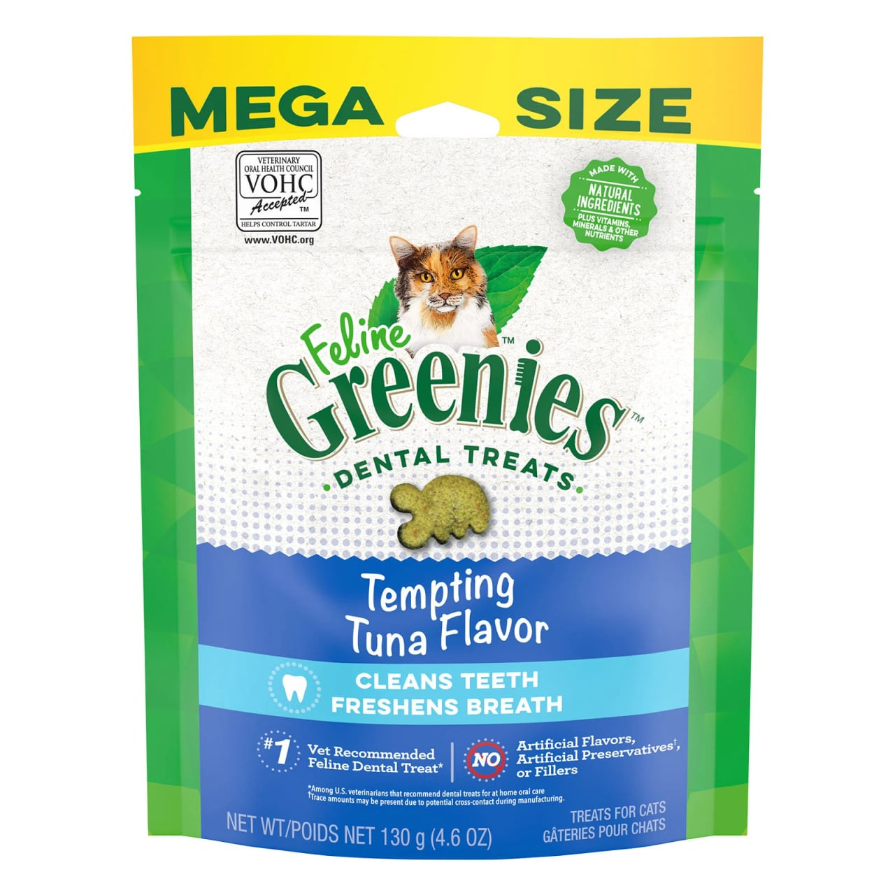 Greenies Tuna Cat Treats, 130g pack, dental treats that clean teeth and freshen breath.