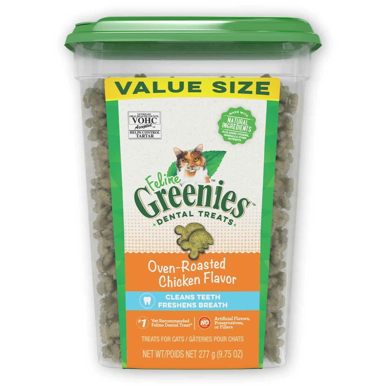 Greenies Oven-Roasted Chicken Cat Treats in a 277g container for dental health.