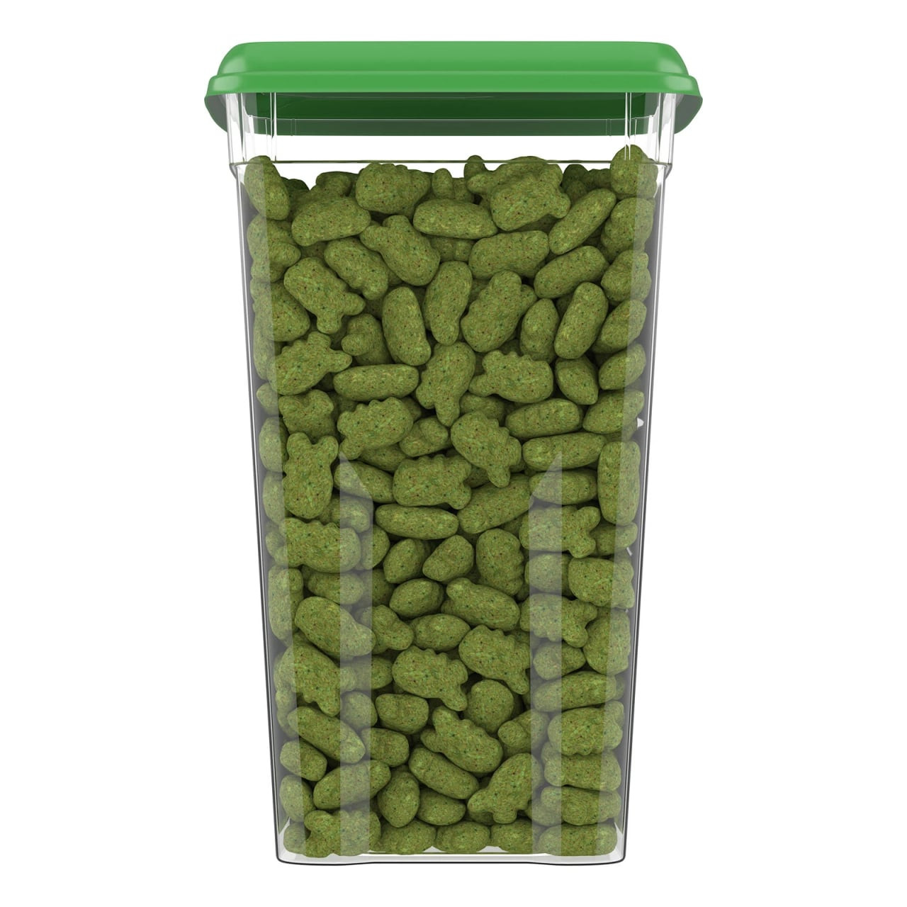 Greenies Roast Chicken Cat Treats in a clear container, showcasing green, crunchy treats.