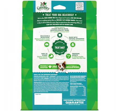 Greenies Mint Teenie Dog Treats packaging, featuring vibrant green colors and 340g size.