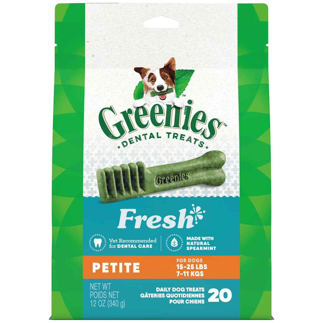 Greenies Mint Petite Dog Treats (340g) for dental care, featuring natural spearmint flavor.