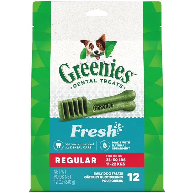 Greenies Mint Regular Dog Treat bag, 340g, designed for fresh breath and dental health.