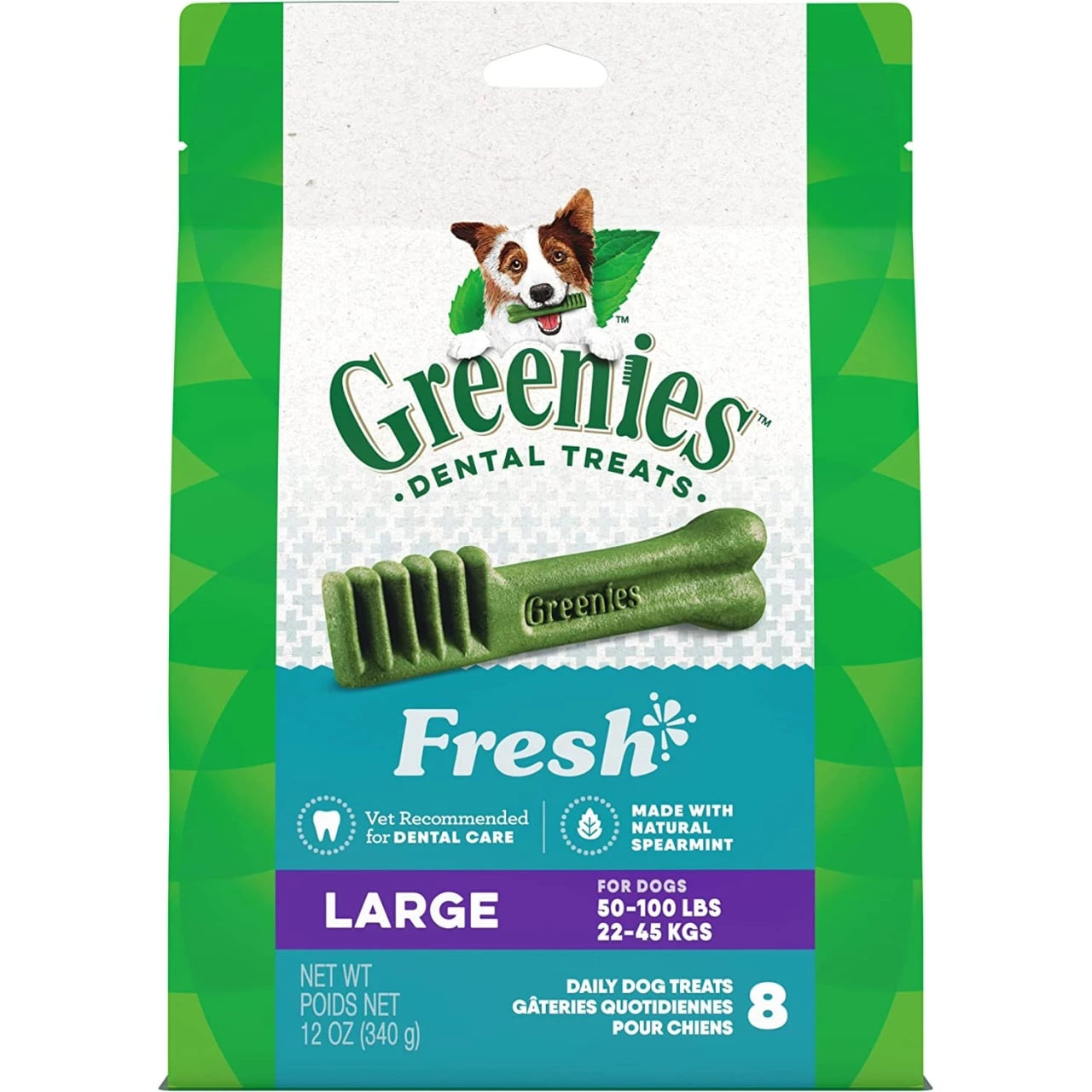 Greenies Mint Large Dog Treat package, 340g, designed for dental care in dogs.