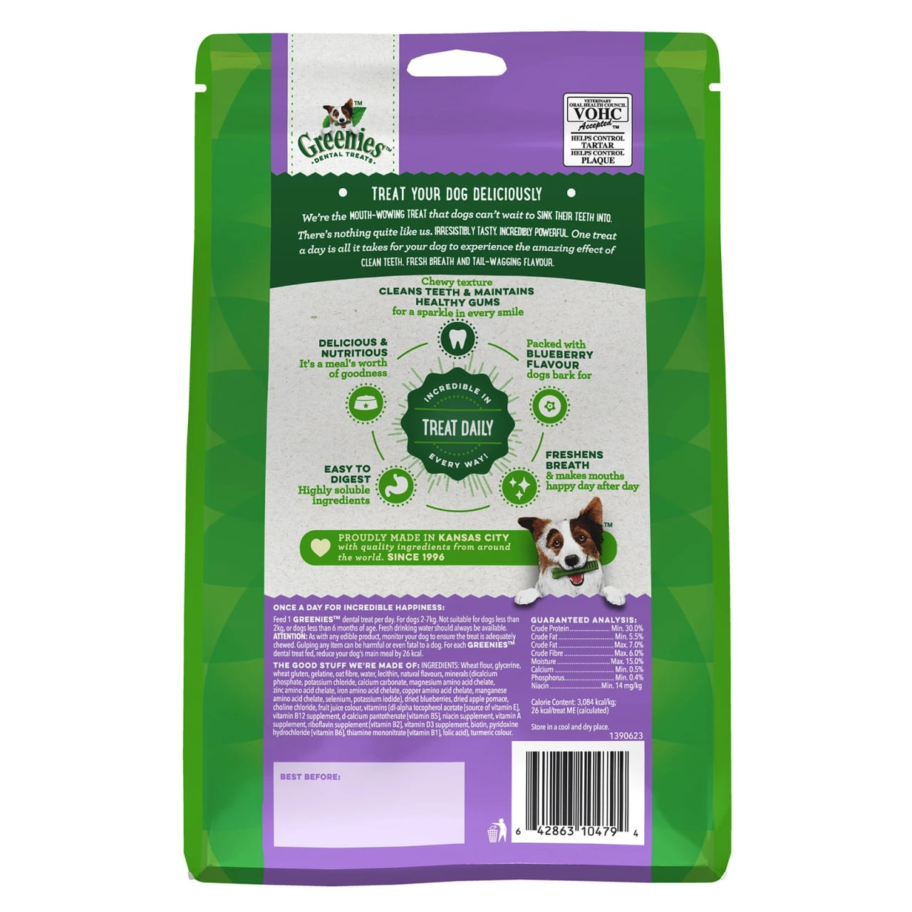 Greenies Blueberry Teenie Dog Treats, 340g package with healthy ingredients and flavor.