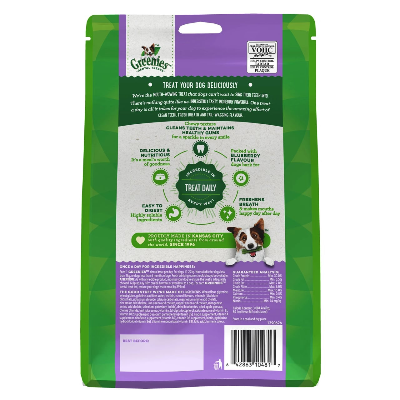 Greenies Blueberry Regular Dog Treat 340g package with healthy, flavorful ingredients and feeding instructions.