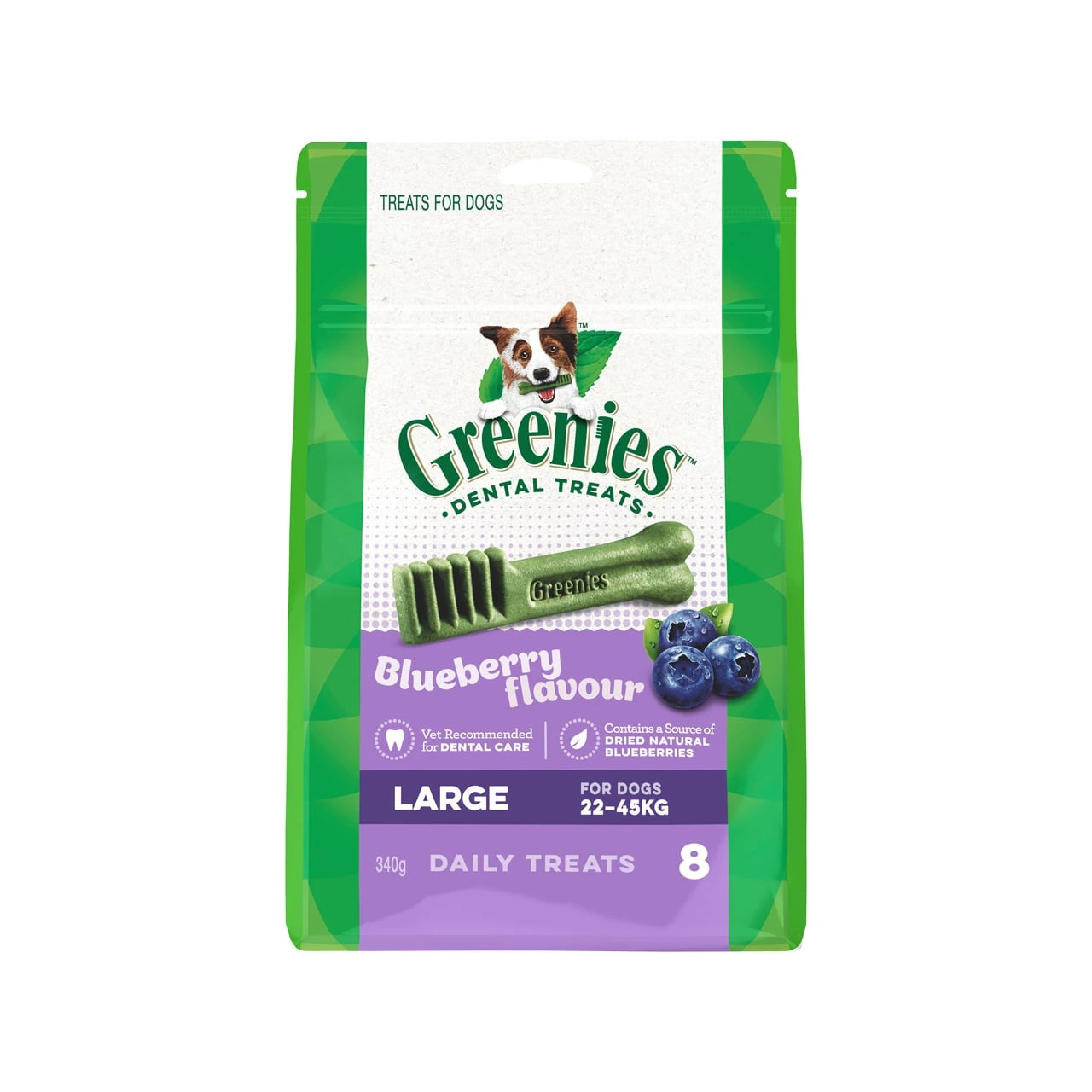 Greenies Blueberry Large Dog Treats, 340g, dental care for dogs 22-45kg, blueberry flavor.