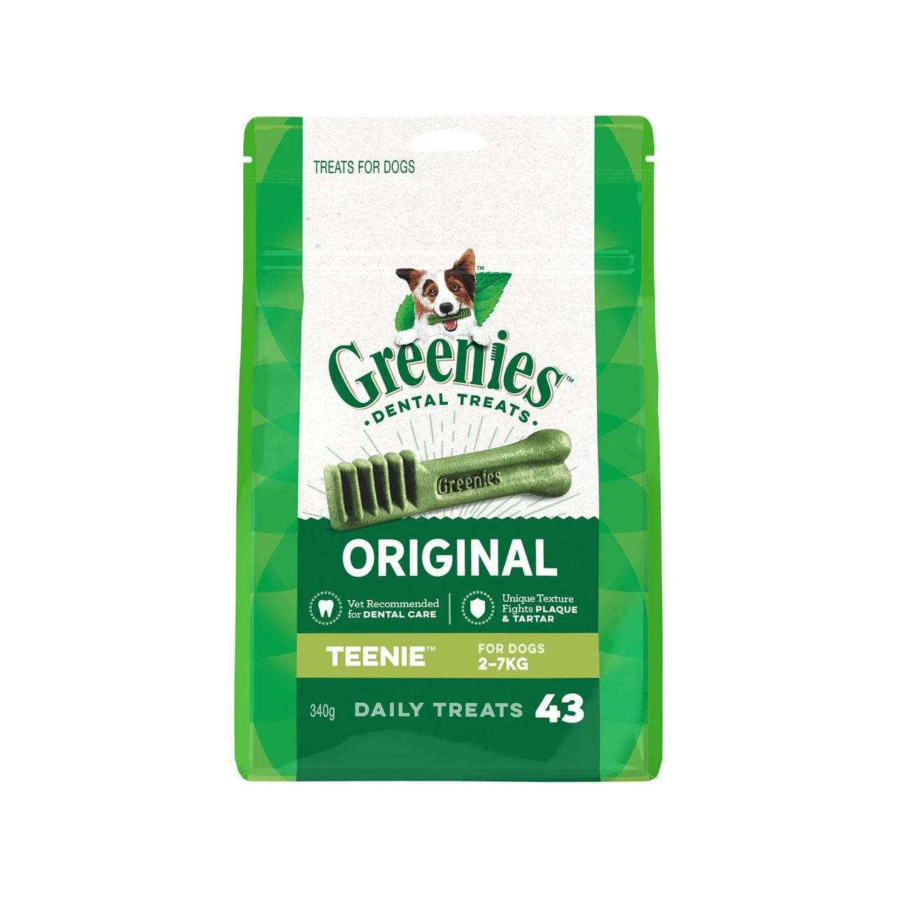 Greenies Original Teenie Dog Treats in a 340g bag for fresh breath and dental care.
