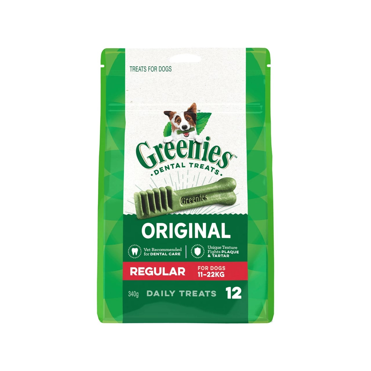 Greenies Original Regular Dog Treats, 340g, for dog dental care, suitable for 11-22kg dogs.